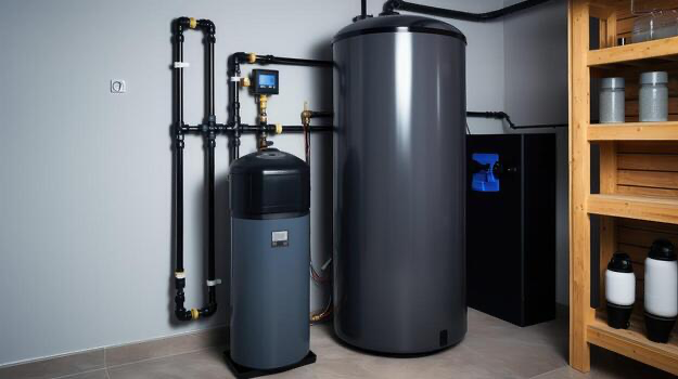 Whole-home water softener and treatment system installed in a utility room
